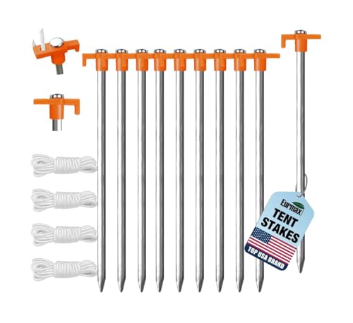 Eurmax USA 10-Pack Secure Protection Galvanized Tent Stakes,Rust-Proof Steel Canopy Anchors for High Winds,Heavy Duty Commercial Ground Pegs for Camping,Pop Up Tents&Gazebos - Includes 4x10ft Ropes - color: orange, style: Stakes 10-pack