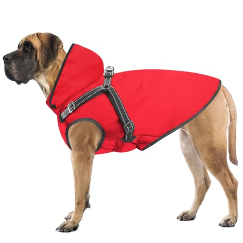 Dog Raincoat Waterproof Dog Hoodie Reflective Dog Raincoat Hooded Adjustable Rain Jacket for Small Medium Large Dogs Puppies (Red, L) - color: Red, size: L