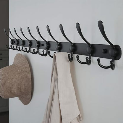 Dseap Coat Rack Wall Mount - 38” Long 10-Tri-Hooks Heavy Duty Coat Hanger Rail Wall Hooks for Hanging Coats Hats Clothing Clothes Purse Mudroom Entryway, Black, Pack of 2 - color: Black, size: L=38” (2 Pcs)