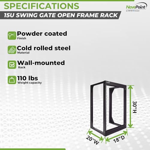 NavePoint 15U Open Frame Server Rack for 19" IT Network Equipment & A/V Devices, Free Standing or Wall Mount Rack with 180 Degrees Gate Swing, Black - size: 15U - 18in Deep
