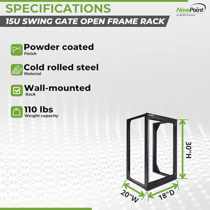 NavePoint 15U Open Frame Server Rack for 19" IT Network Equipment & A/V Devices, Free Standing or Wall Mount Rack with 180 Degrees Gate Swing, Black - size: 15U - 18in Deep