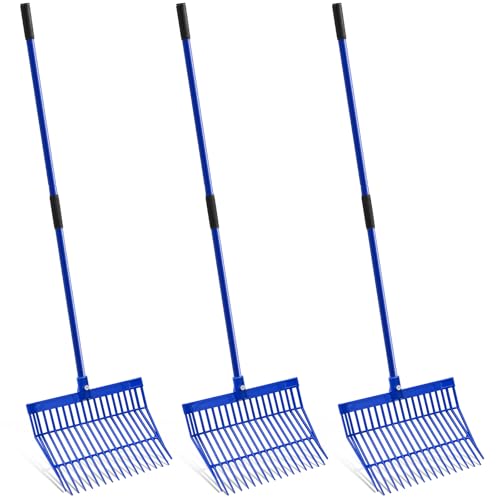 Lasnten 3 Sets Manure Fork with Long Metal Handle Pitch Fork, 18 Angled Tines Manure Rake Heavy Duty Muck Rake for Gardening Horse Stable Grass Hay Cleaning Farm Work - color: Blue