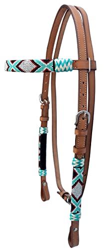 Western Horse Headstall Standard Size – Adjustable Hand Braided Genuine Leather Bridle with Rawhide Knotting, Stitched Accents & Multicolor Beads, Western Riding Tack, Brown
