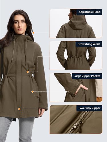 SaphiRose Women's Waterproof Rain Jacket with Fleece Lining Hooded Windbreaker Long Warm Outdoor Softshell Coat - color: Olive Green, size: Large