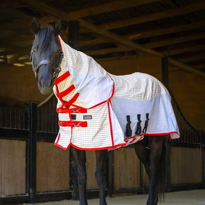Jeffers Romper Stomper Sweet Itch Fly Sheet for Horses with Detachable Neck 75", Breathable Mesh Cotton Blend Top, UV & Insect Protection Horse Sheet, Lightweight Turnout Rug - White and Red - size: 75"