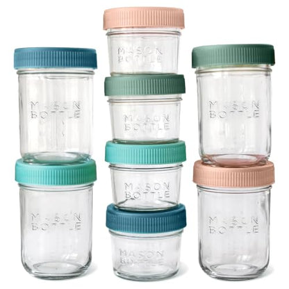 Mason Bottle Glass Breastmilk Storage Jar Set with Lids, 8-Pack, 4oz & 8oz | Baby Glass Jar Set with Airtight Leakproof Lids, Freezable Breast Milk Storage Jars, Baby Food Storage Containers, Deep Ocean - size: Mixed Jar Set (8 pack)