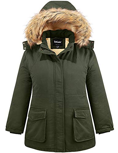 Soularge Women's Winter Plus Size Sherpa Lined Jacket with Hood | Women's Plus Size Workwear Fit,100% Cotton Outer Shell,Soft Fleece Lining,Windproof Stand Collar - color: Army Green, size: 5X