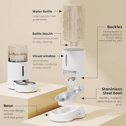 CZPET Automatic 4L/135Oz/1Gal Cat Water Dispenser with Stainless Steel Bowl, Gravity Waterer for Small Medium Dog Puppy Kitten (White) - color: White, size: 4L