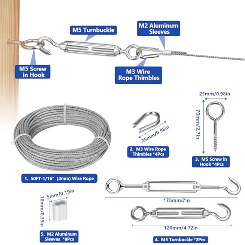 TooTaci Wire Trellis Kit, 50ft 1/16" Vinyl Coated Stainless Steel Wire Rope - style: 15M/2mm Stainless Steel Cable