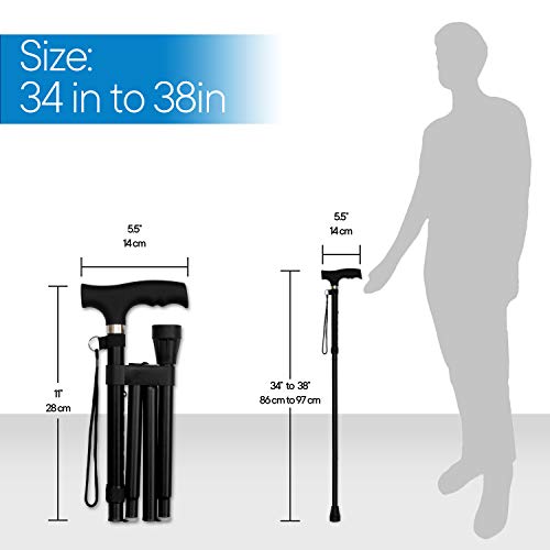 RMS Folding Cane, Adjustable, Lightweight Offset Walking Cane | Aluminum Collapsible Walking Stick with Ergonomic Derby Handle, cane folds for travel and storage - color: Black