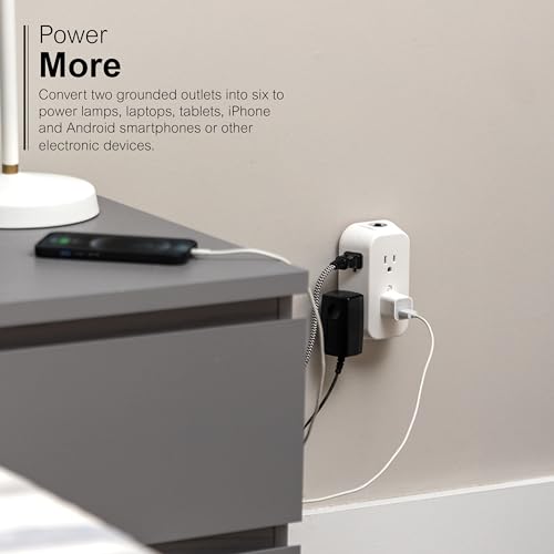 GE 6-Outlet Extender, 2 Pack, Grounded Wall Tap, 3-Prong