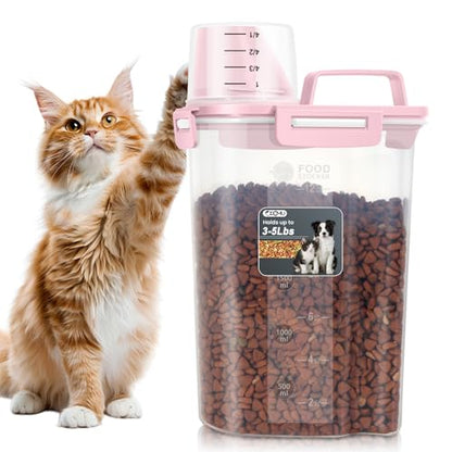 Dog Cat Food Storage Container with Cup (Pink, 2.5L) - color: Pink, size: 2.5L