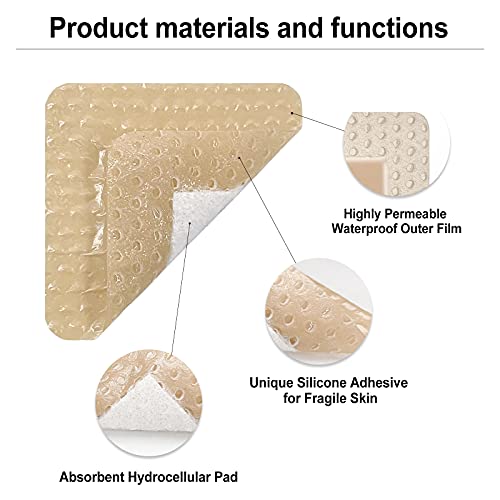 Carbou Silicone Foam Dressing with Adhesive Gentle Border,2"x2" Waterproof Wound Dressing,High Absorbency Wound Bandage,Silicone Foam Pad for Wound Care,5 Pack | Adhesive Waterproof Wound Dressing, High Absorbency Wound Bandage, Silicone Foam Pad for Woun
