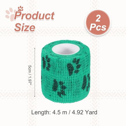 Pet Wrap Bandages, 2 Inch 5 Yard Self Adhesive Bandage Wrap, Pet Non-Woven Tape First Aid Cohesive Gauze, (Green/Paw, 2 Pcs), Intended for Dog/Cat/Bird/Legs/Paws/Wound - color: Green, size: 2 inch