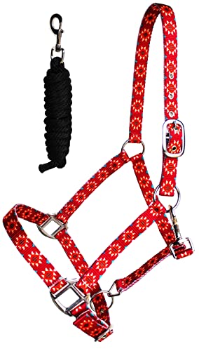 Nylon Premium Horse Tack Fully Adjustable Aztec Patterned Halter Lead 606183 - color: Red Aztec Print