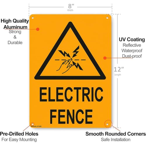 Aluminum Metal Sign 8X12 Inch Bright Yellow Electric Fence Warning Sign Durable High Visibility Safety Alert Marker for Outdoor Perimeter Use
