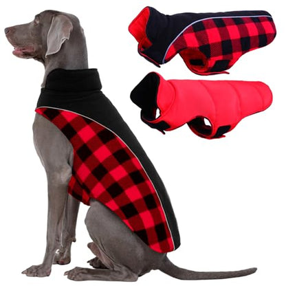 Kuoser Dog Winter Coat, Reversible Waterproof Dog Jacket with Leash Hole, Warm Dogs Fleece Vest Adjustable Doggy Cold Weather Clothes Plaid Christmas Outfit Pet Apparel for Extra Large Dogs, Red 3XL - color: Red, size: XXX-Large (Chest Girth: 35.4-43.3''
