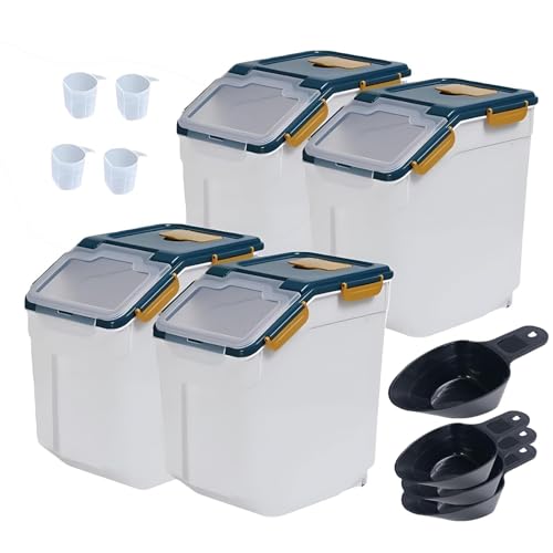 Large Flour Storage Container 25lb,4 Pack Airtight Rice Storage Containers with Wheels Seal Locking Lid Measuring Cup, Scoop, BPA Free Dry Food Bin for Sugar, Rice, Grain, Dark Blue - color: 4Pcs 25LB Blue
