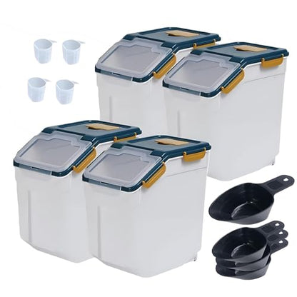 Large Flour Storage Container 25lb,4 Pack Airtight Rice Storage Containers with Wheels Seal Locking Lid Measuring Cup, Scoop, BPA Free Dry Food Bin for Sugar, Rice, Grain, Dark Blue - color: 4Pcs 25LB Blue
