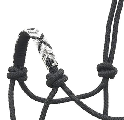 Sie Nylon Horse Braided Rope Halter Beaded Noseband Lead Rope (Black & Silver) - color: Black & Silver