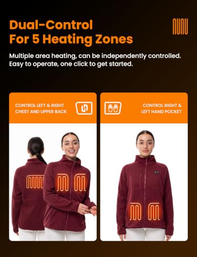 HENNCHEE Heated Fleece Jackets for Women with 12V 16000mAh Power Bank | Dual Control 5 Carbon Fiber Heating Zones Zip Up Heating Sweater, 3 Levels Heated Knitted Sweatshirt Coat - color: Maroon, size: Small