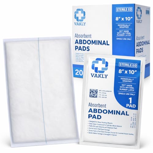 Vakly Sterile Abdominal ABD Combine Pads 8x10, High Absorbency Gauze, 20 Pk