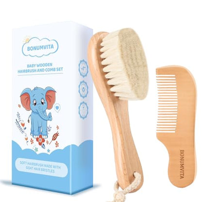 BOMUMVITA Baby Hair Brush and Comb Set with Soft Goat Bristle | Wood Baby Hair Brush Set for Newborns & Toddlers, Good for Cradle Cap, Boy, Girl Bath Essential