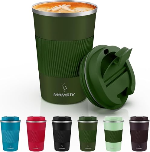 MOMSIV 12oz Travel Coffee Mug, Insulated Coffee Cup with Leak Proof Lid - color: B-Dark Green-12oz
