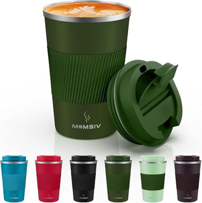 MOMSIV 12oz Travel Coffee Mug, Insulated Coffee Cup with Leak Proof Lid - color: B-Dark Green-12oz