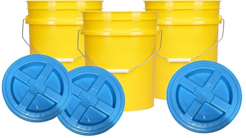 House Naturals 5 Gallon Plastic Yellow Food Grade BPA Free Made in USA Bucket Pail with Air Tight Double Gasket Screw on Lid(Pack of 3) (Yellow and Aqua lids) - color: Yellow and Aqua Lids