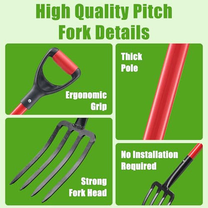 Pitch Fork for Hay, Heavy Duty Pitchfork for Garden, Metal Broadfork Yard Garden Tools Long Handle for Gardening Digging, Mulching 43 inch