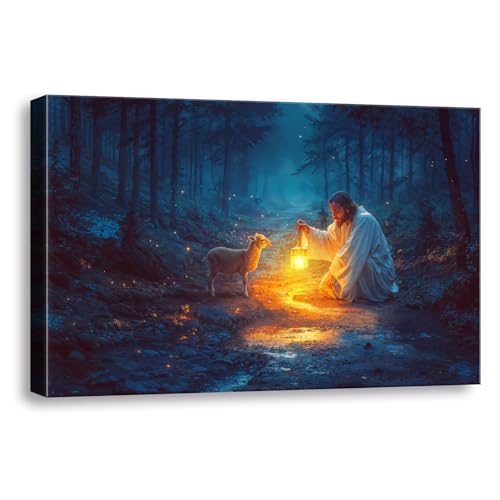 Christian wall art decor for prayer room ,Jesus and Lamb canvas Wall decor, Jesus Running After Lost Lamb Picture for Home Decor, Baptism gifts for boys-girl, serenity prayer wall art A-393 (24"X16") - color: Jesus lost lamb, size: 24"X16"
