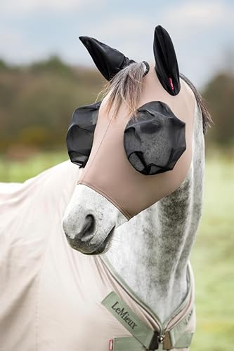 LeMieux Bug Relief Half Fly Mask - Anatomically Shaped - Bug-Eye Eye Darts - Breathable Mesh Ears - Walnut - Small - color: Walnut, size: S