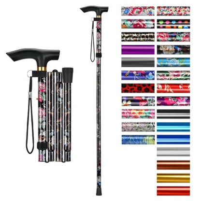 supregear Folding Cane, 5-Level Adjustable Height Walking Stick Lightweight Collapsible Portable Travel Cane with Wrist Strap and T Handle for Elderly Disabled Men Women - color: Black Floral