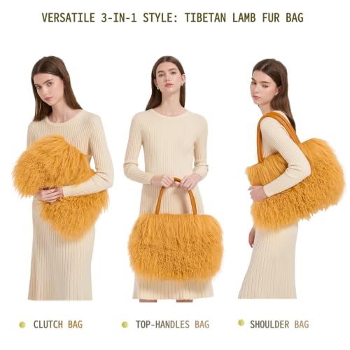 Women Luxury Real Curly Mongolian Lamb Fur Purse - color: Camel