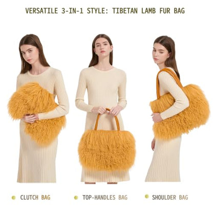 Women Luxury Real Curly Mongolian Lamb Fur Purse - color: Camel