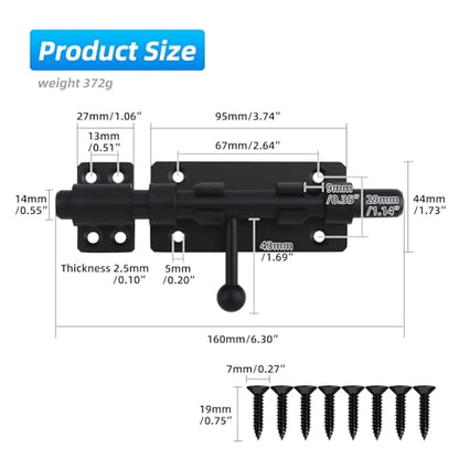 Barrel Bolt Latch, 6.3" Heavy Duty Gate Latch Slide Lock Solid 304 Stainless Steel Bolt Lock for Inside Door, Finished Shed Door Latch (2 Pack, Black) - color: Black 6inch