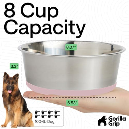 GORILLA GRIP Dog Bowls, Food Grade Stainless Steel, Set of 2, 8 Cup, Pink | 304 Stainless Steel Pet Feeding Bowls Hold 64 fl oz Each, Dishwasher Safe, Rust Resistant, BPA Free Rubber Base - color: Light Pink, size: 8 Cup (64 Oz)