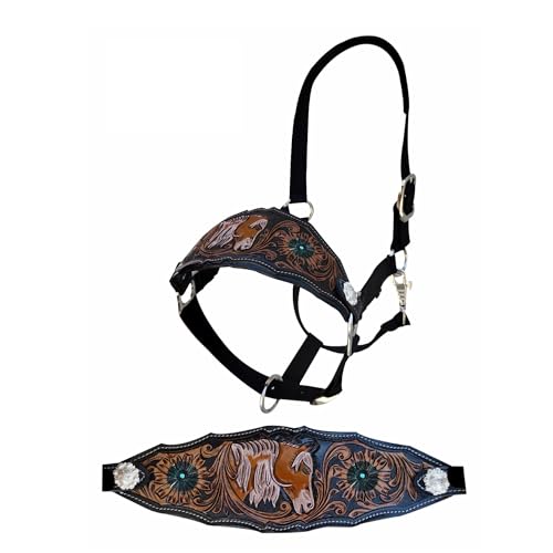 Majestic Ally Equestrian Designer Bronc Halter for Horses, Hand-Tooled Leather Nose, Padded Nylon Crown and Noseband - style: Horse Design