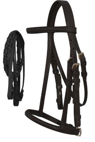 English Bridle with Raised browband and Braided Leather reins Horse Size - color: Black