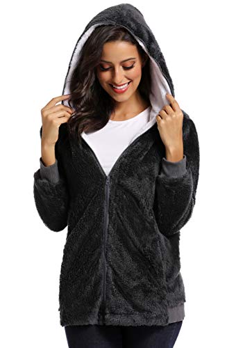 Fleece Coat for Women,Women's Oversized Zip Up Hooded Jacket Winter Plus Size Sherpa Coat - color: Adarkgrey, size: Medium