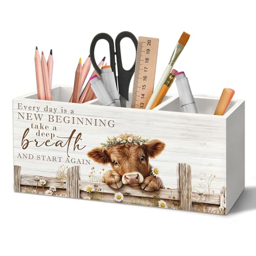 Motivational Highland Cow Pen Holder Organizer for Desk Accessories - color: Cow-6, size: 2.5"D x 7.8"W x 3.5"H