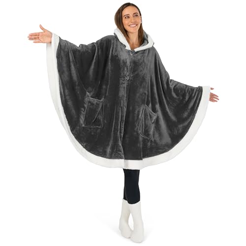 PAVILIA Hooded Blanket Poncho for Women, Fleece Wearable Shawl Wrap, Grey | Fleece Shawl Wrap with Hood, Adult Wearable Blanket, Cozy Warm Poncho Cape Throw with Pockets, Gift for Elderly Mom - color: Grey