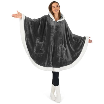 PAVILIA Hooded Blanket Poncho for Women, Fleece Wearable Shawl Wrap, Grey | Fleece Shawl Wrap with Hood, Adult Wearable Blanket, Cozy Warm Poncho Cape Throw with Pockets, Gift for Elderly Mom - color: Grey