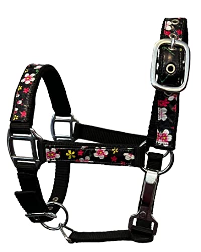 2 Ply Nylon Pony Halter with Flower Design Tape Accent - color: Black