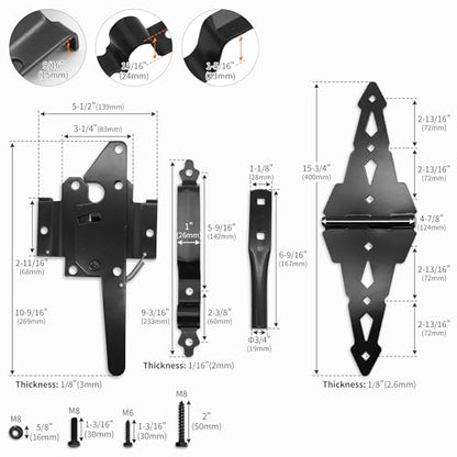 8" Heavy Duty Decorative Strap Hinges and Spring Loaded Latch Kit with Screws for Outdoor Fence Swing Gate Black Finish，Wood Gate Hardware Set，with Handle (1, Black)