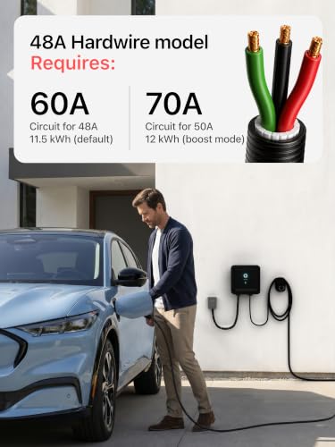 EVIQO Level 2 EV Charger J1772 48A - Hardwired 240V Wall Charging Station | up to 50 mph, 25ft Cable, Enhanced WiFi (2.4GHz), Smart App, Weatherproof Indoor/Outdoor (IP66, NEMA 4), UL & ETL Certified - size: 48