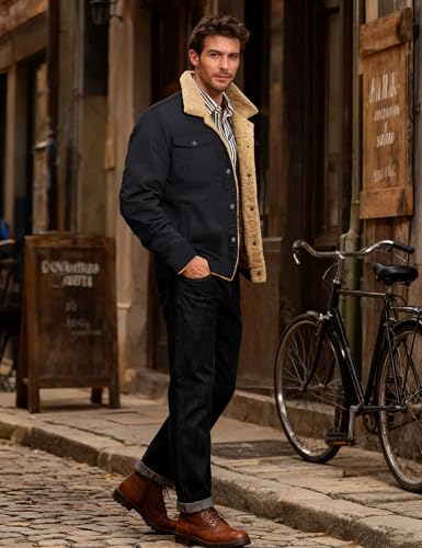 KEFITEVD Men's Winter Fleece Jacket Sherpa Lined Warm Cargo Trucker Coat - color: Black, size: Small