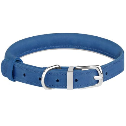 OOPSDOGGY Rolled Leather Dog Collar Reflective – Genuine Leather Round Dog Collar for Small Medium Large Dogs (Blue, 8" - 11") - color: Blue, size: 8" - 11"