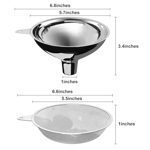 serinar Stainless Steel Large Funnel with Filter (5.7 in. X 1 in. Mouth) with 50 mesh Stainless Steel Food Filter, Metal Funnel for Bottle Filling, Food Funnel for Oil, Juice, Coffee, Honey, Milk